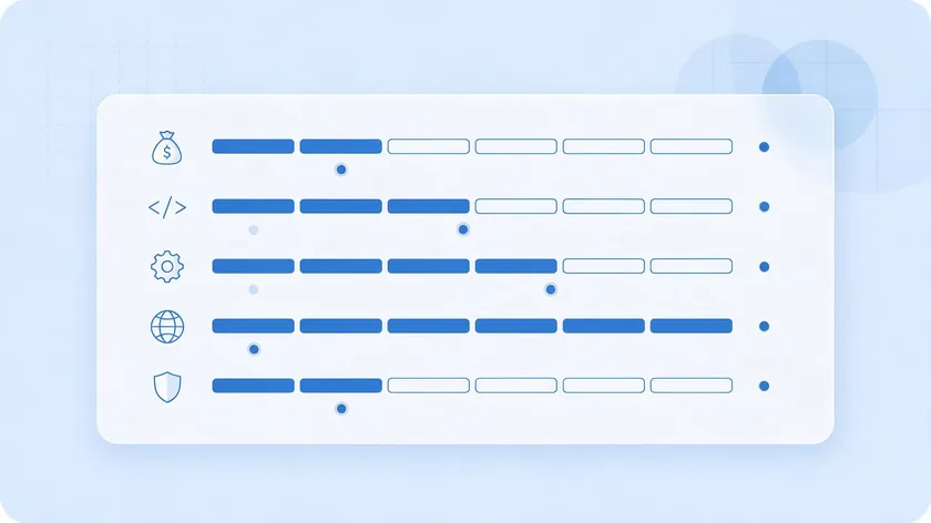 Scorecard illustrating the criteria for evaluating a WhatsApp API provider, including cost, developer experience, and compliance