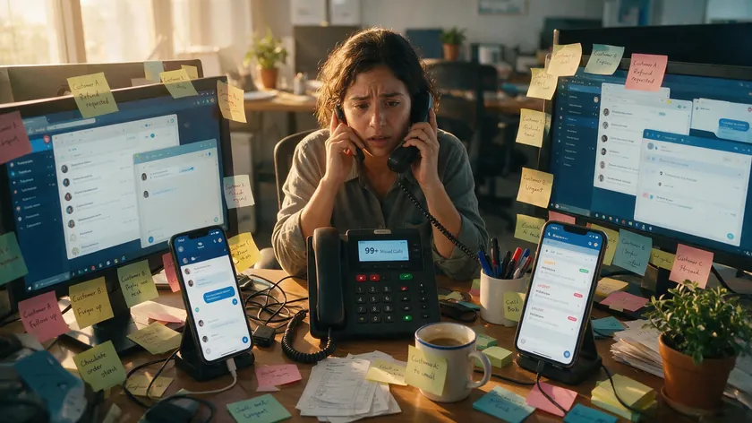 Overworked support agent managing multiple phones, illustrating hidden WhatsApp business cost from manual handling.