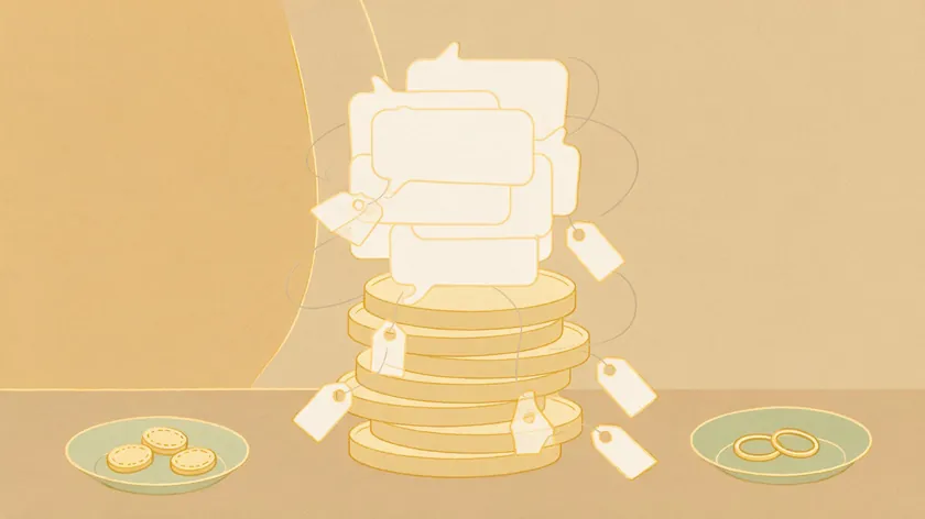 Illustration of stacked coins with price tags representing per-message WhatsApp business cost.