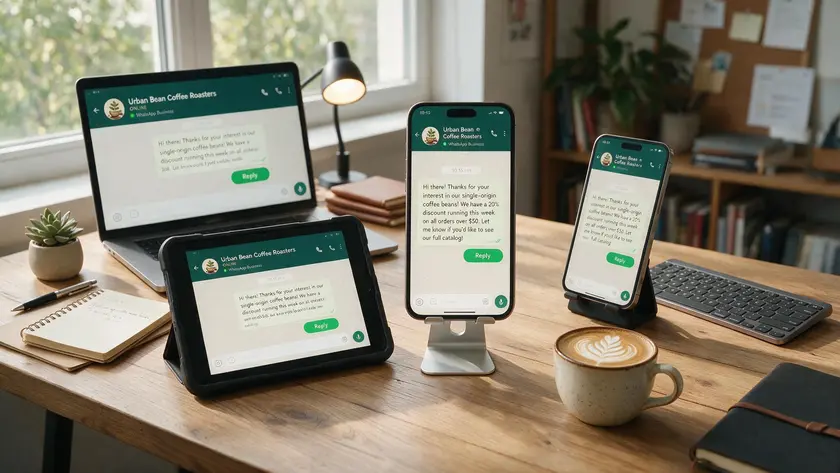 Desk with a laptop, tablet, and two phones all showing the same WhatsApp Business conversation for multiple users