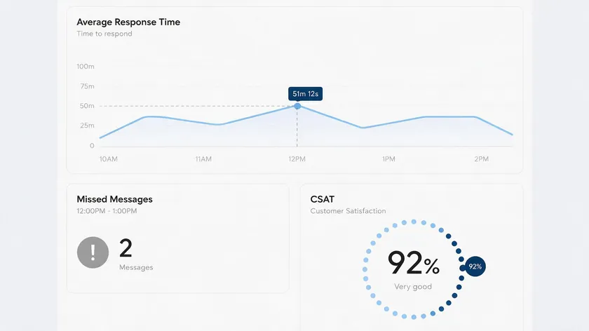 Dashboard displaying WhatsApp inbox analytics such as first response time, resolution time, and customer satisfaction score.