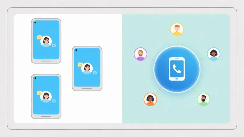 Infographic comparing one user mirrored across multiple devices versus several agents connected to a single WhatsApp number