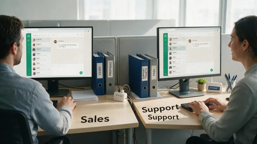 Two team members working side by side from a shared inbox, one handling a sales chat and the other a support chat.