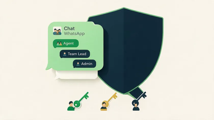 Illustration of a shield with role-based access keys representing permissions and data protection in a shared team inbox.