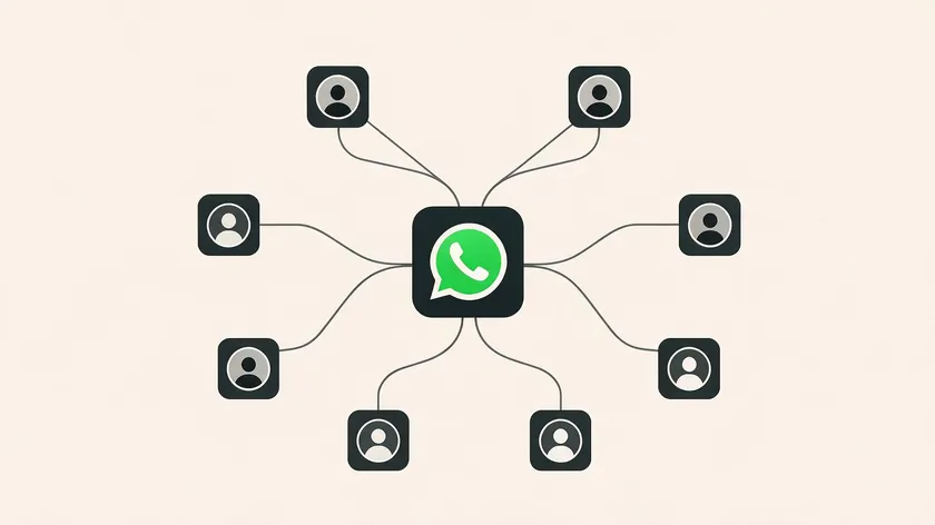 Flat illustration showing one WhatsApp number branching out into several team member conversations.