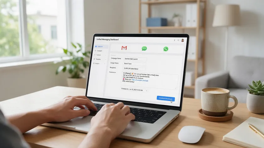 Marketing dashboard showing a bulk WhatsApp campaign being scheduled and sent to a segmented list