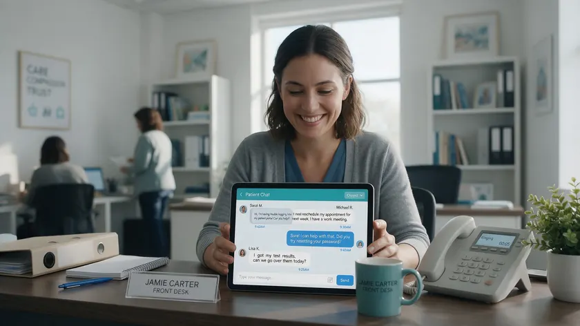 Healthcare front-desk worker smiling while handling patient chats on a tablet instead of a ringing phone.