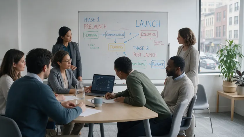 Healthcare operations team planning a WhatsApp rollout around a laptop and a whiteboard with a simple workflow diagram.