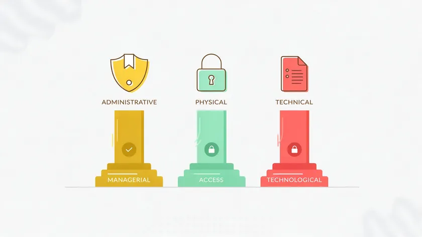Illustration of HIPAA's three safeguard categories — administrative, physical, and technical — required for any healthcare messaging platform.