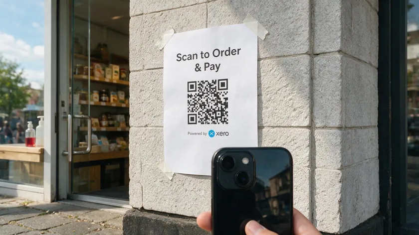 Sharing the invite link after you create a WhatsApp community, shown as a QR code for offline use