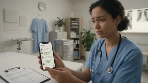 A healthcare worker looks worriedly at a WhatsApp chat on her phone, illustrating the real-world question of is WhatsApp HIPAA compliant for patient messaging.