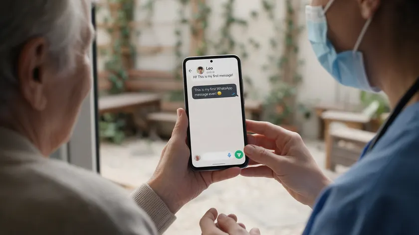 Healthcare staff member helping an older patient send their first WhatsApp message on a smartphone.