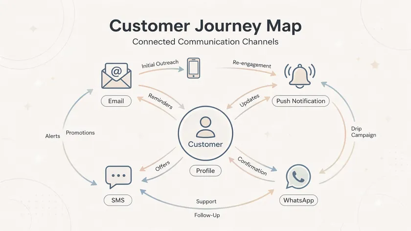 Flat illustration mapping an omnichannel customer journey that includes WhatsApp as a channel