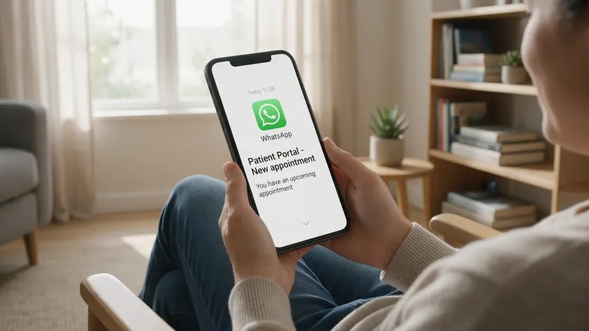 Patient relaxed at home checking a WhatsApp appointment notification on a smartphone.