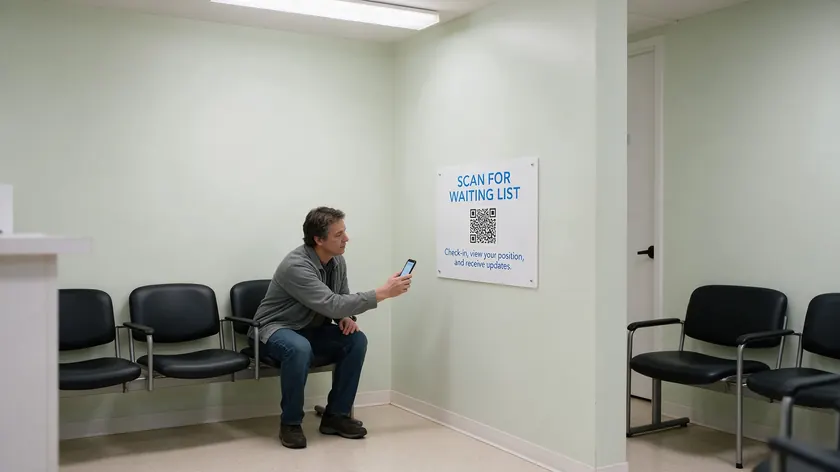 Patient scanning a QR code sign in a clinic waiting room with their smartphone to join the waiting list on WhatsApp.