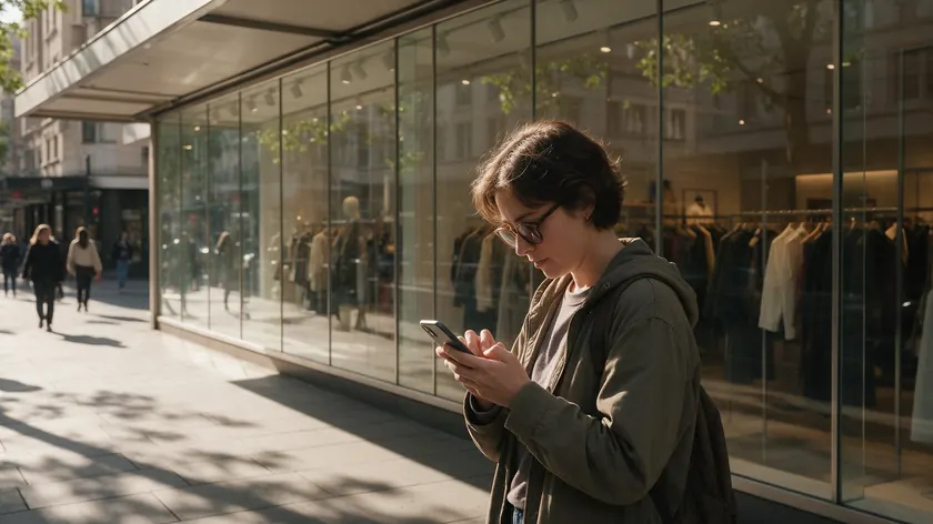 Shopper standing outside a retail storefront sending a WhatsApp message on her phone.