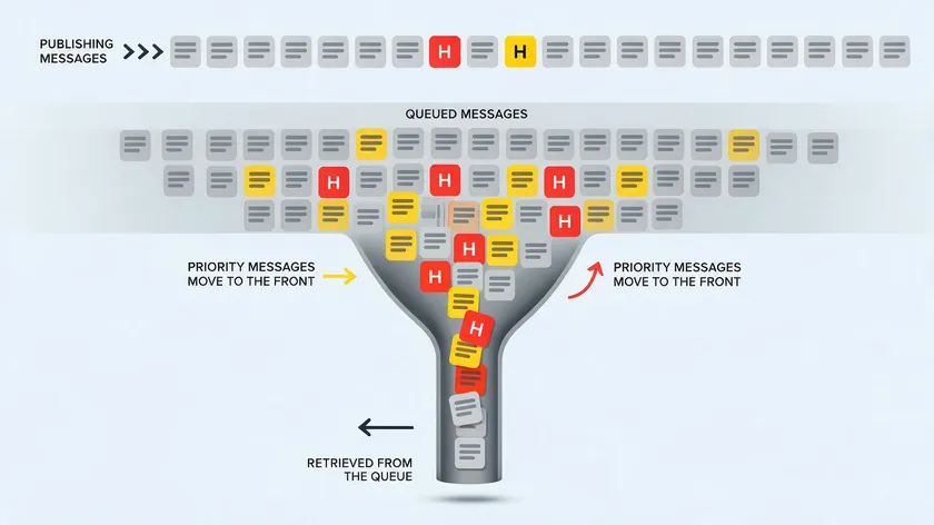 Illustration of a message queue funnel showing high-priority messages moving to the front of the line.