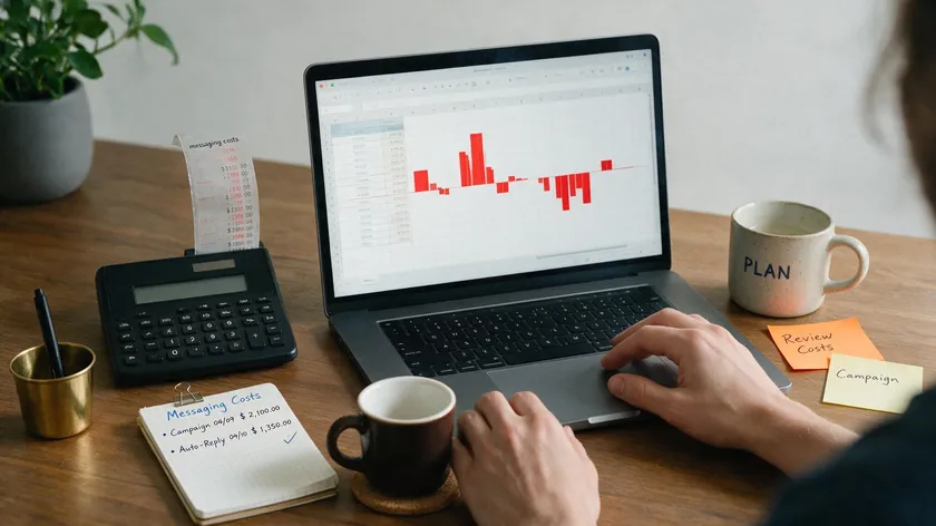 A person calculating monthly WhatsApp messaging costs using a calculator and spreadsheet.