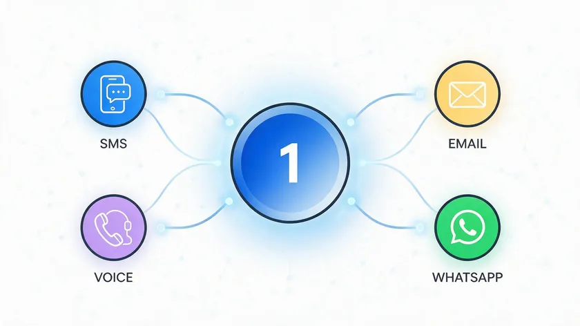 Diagram of a central messaging hub connected to SMS, email, voice, and WhatsApp channels.