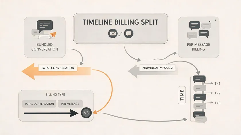 Diagram comparing bundled conversation billing to per-message billing on a timeline.