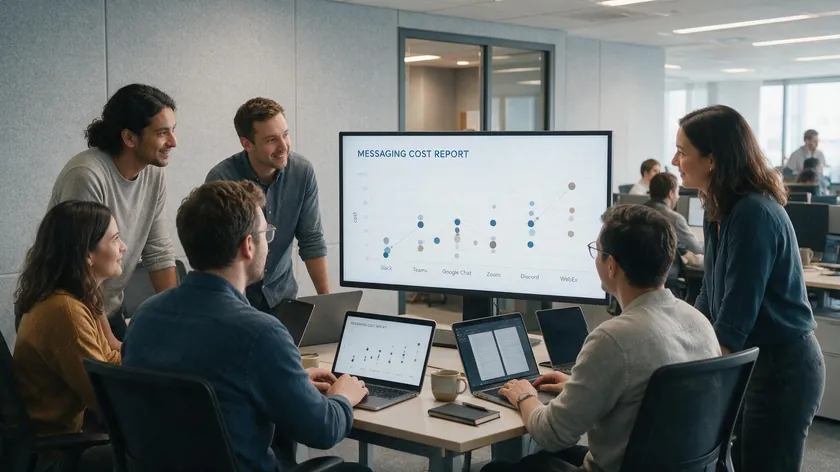 A team reviewing a WhatsApp messaging cost report displayed on a large screen in a meeting room.
