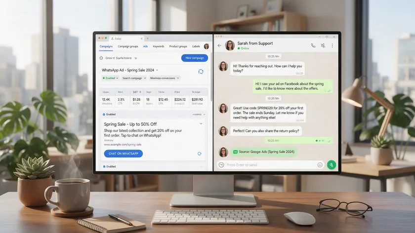 Example of WhatsApp link attribution tracking a customer's journey from ad click to chat conversation