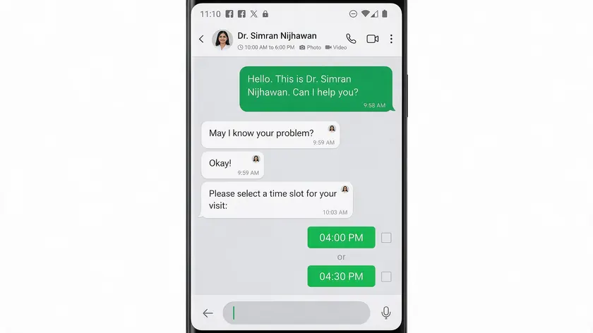 Close-up of a smartphone screen showing a WhatsApp conversation with appointment time slot buttons for a clinic visit.