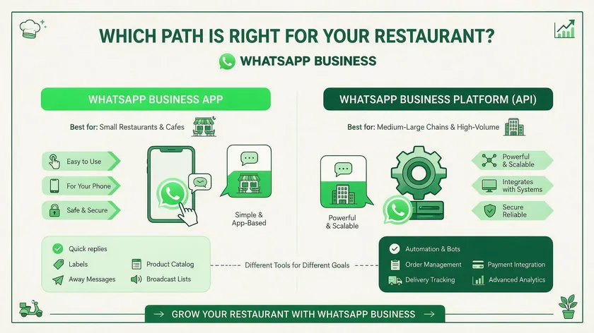 Infographic comparing WhatsApp Business for Restaurants: the free App for small restaurants versus the Business Platform (API) for larger chains.