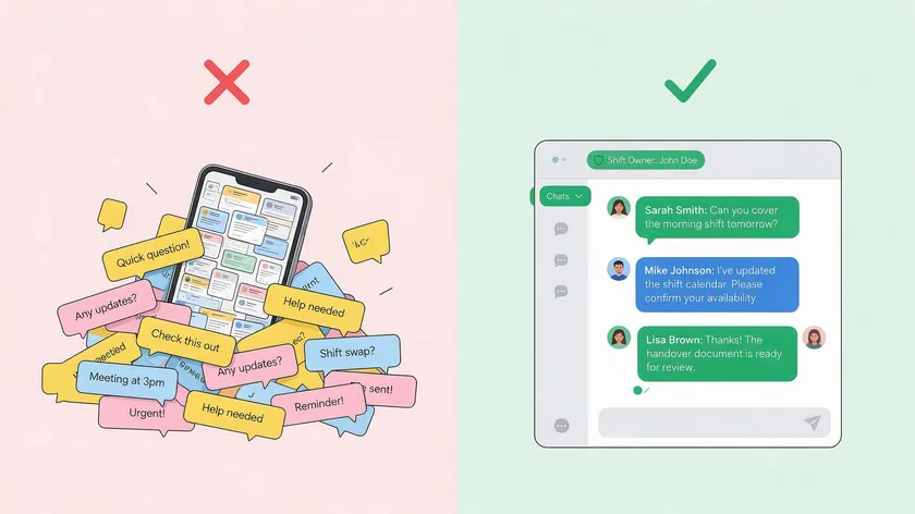 Illustration contrasting an overwhelmed, unmanaged WhatsApp inbox with a clean, organized chat assigned to a shift owner.