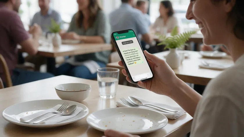 A restaurant guest reading a WhatsApp feedback request after finishing her meal.