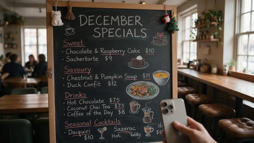 A restaurant staff member photographing the daily specials chalkboard to send to guests over WhatsApp.