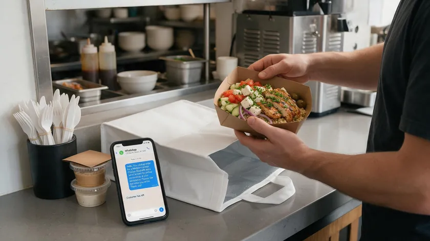 A kitchen staff member packing a takeout order next to a phone showing a WhatsApp pickup confirmation message.