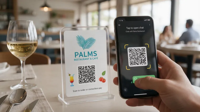 A guest scanning a restaurant's branded WhatsApp QR code stand to open a chat with the restaurant.