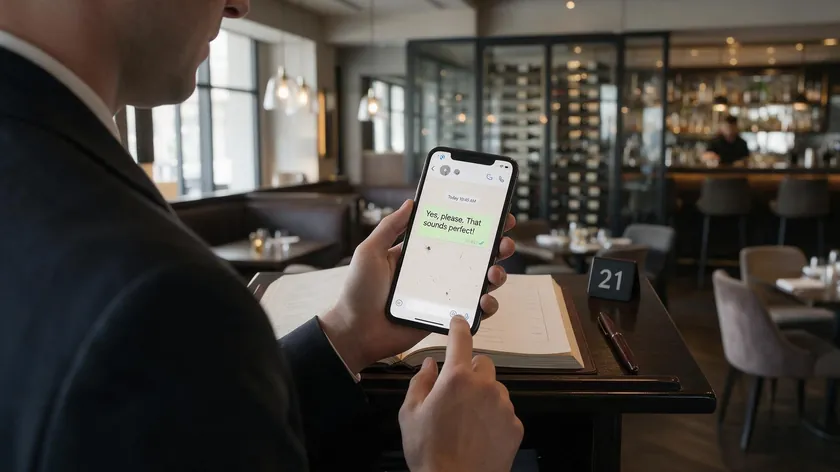 A restaurant guest smiling while reading a WhatsApp reservation confirmation message on his phone.