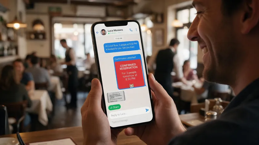 A smiling restaurant guest reading a WhatsApp reservation confirmation message on his phone at the table.