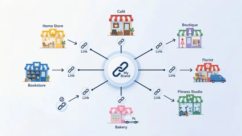 Flat illustration of a My Brand link hub branching into seven labeled retail storefront links for WhatsApp business messaging for retail.