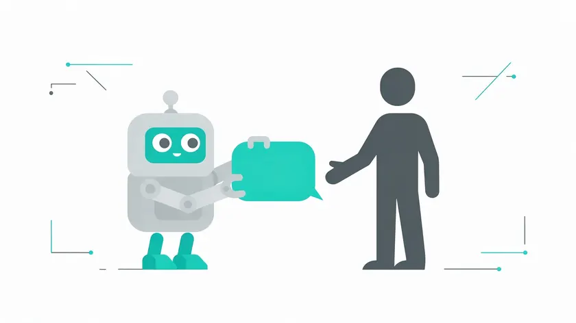 Flat illustration of a chatbot handing off a conversation bubble to a human support agent.