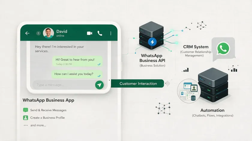 Illustration comparing the free WhatsApp Business App on a phone with the WhatsApp Business API connecting to a CRM system and automation.