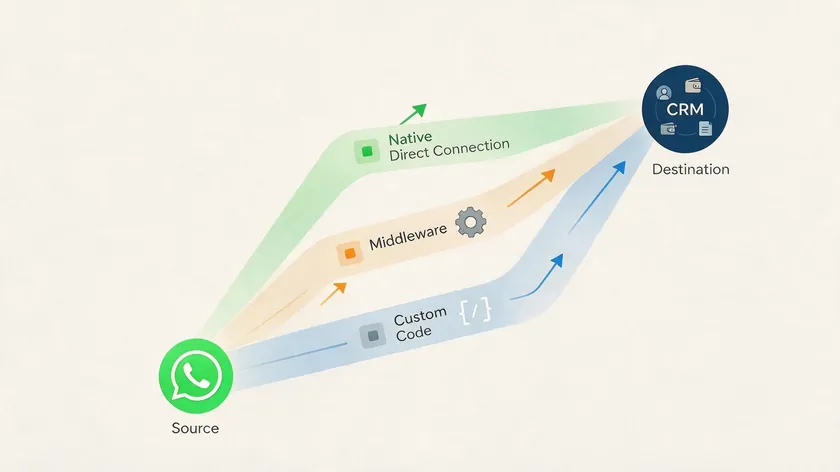 Illustration of three integration paths—native connection, middleware, and custom code—linking WhatsApp to a CRM.