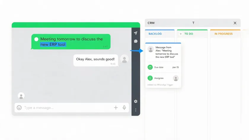 A WhatsApp message with a keyword automatically creating a new task card on a CRM kanban board, illustrating WhatsApp CRM integration automation.