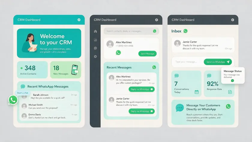 Three CRM dashboard panels compared side by side, each showing how WhatsApp messages integrate differently into their interface.