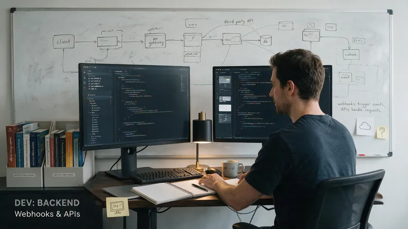 A backend developer working on custom webhook and API architecture for a WhatsApp CRM integration, with a system diagram on the whiteboard.
