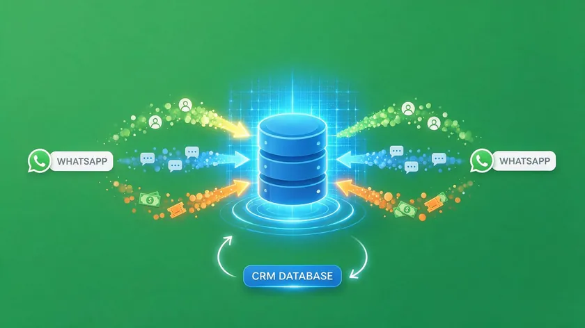 Diagram of contact, conversation, and commercial data flowing from WhatsApp into a central CRM database.