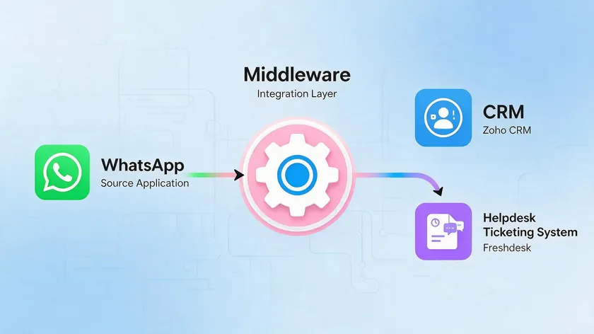 Illustration of a middleware integration layer routing WhatsApp messages to both a CRM and a helpdesk ticketing system.