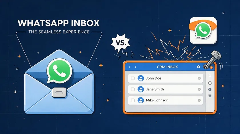Illustration contrasting a seamless WhatsApp inbox experience with a CRM inbox that has WhatsApp awkwardly bolted on as an add-on.