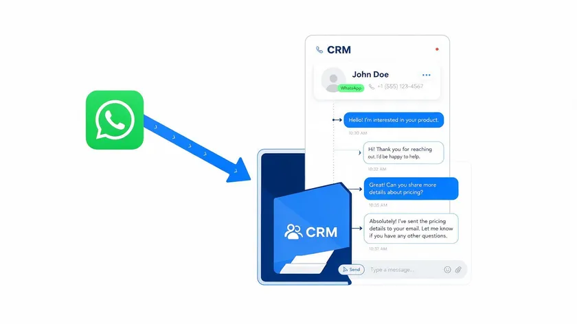 Diagram of a WhatsApp message flowing directly into a CRM inbox with the contact record and conversation appearing automatically.