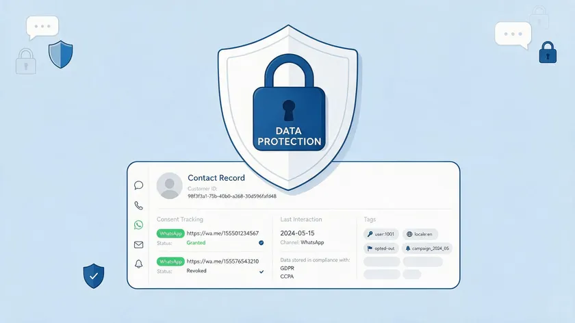 A padlock shield icon over a WhatsApp contact record in a CRM, representing consent and data privacy in WhatsApp CRM integration.