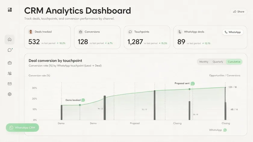 A CRM analytics dashboard showing deal conversion charts tagged by WhatsApp touchpoints, reflecting WhatsApp CRM integration reporting.