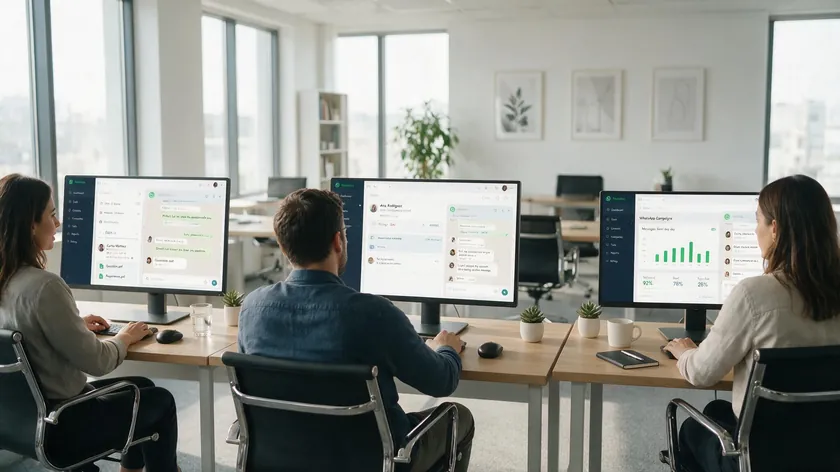 Three professionals at separate desks each viewing WhatsApp conversations and campaign dashboards on their CRM screens.