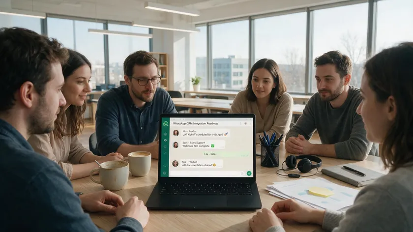 A small sales and support team reviewing a WhatsApp CRM integration roadmap together on a laptop.
